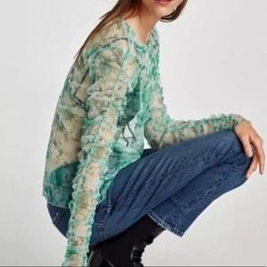 ZARA Green Floral Mesh Sheer Top Blouse
